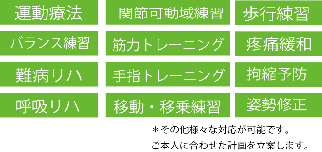 運動療法　関節可動領域練習　歩行練習　バランス練習　筋力トレーニング　疼痛緩和　難病リハ　手指トレーニング　拘縮予防　呼吸リハ　移動・移乗練習　姿勢修正