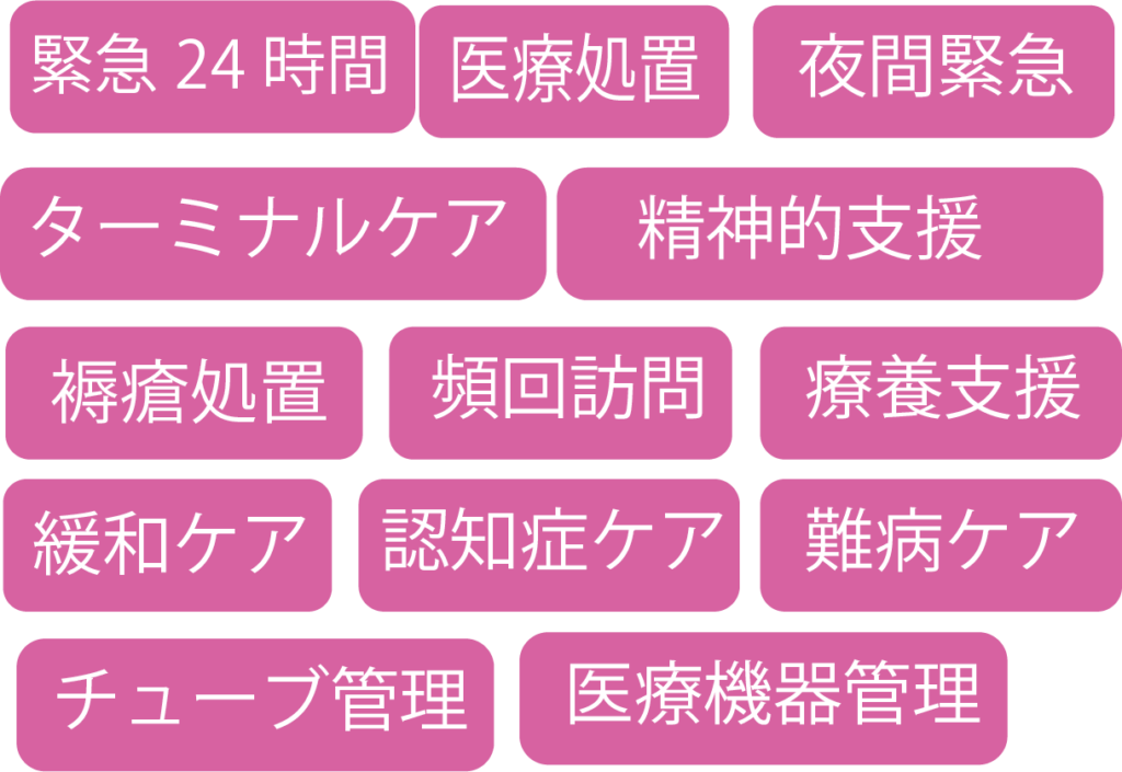 緊急２４時間　医療処置　夜間救急
ターミナルケア　精神的支援　褥瘡処置　頻回訪問　療養支援　緩和ケア　認知症ケア　難病ケア　チューブ管理　医療機器管理